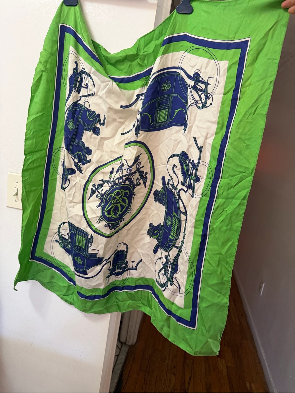 Hermes Green, Blue & Cream Silk Scarf with Carriage Motif